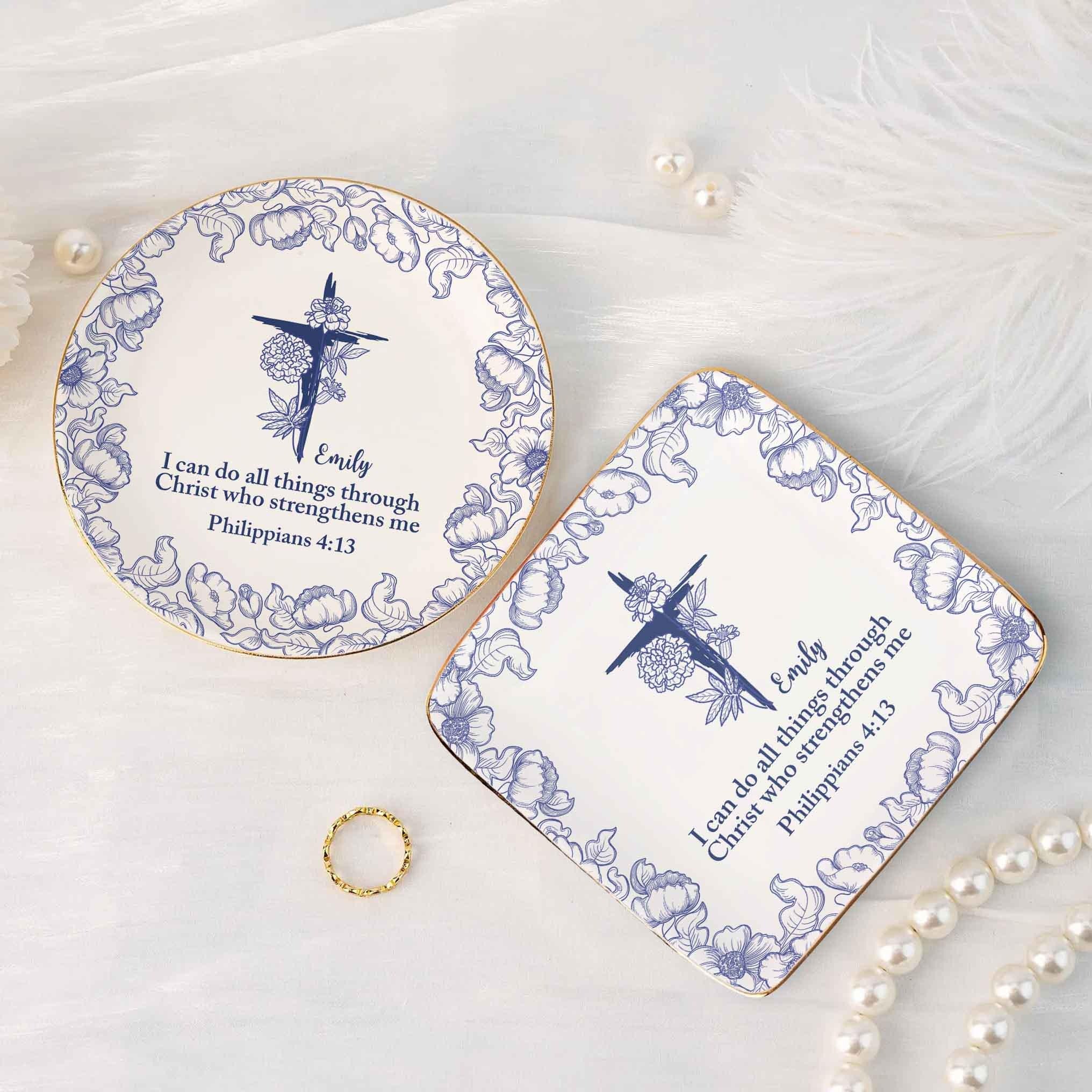 I Can Do All Things Birth Flower Jewelry Dish, Toile De Jouy Ring Dish, Christian Gift, Bible Verse Tray, Personalized Faith Gift  JDLAF05